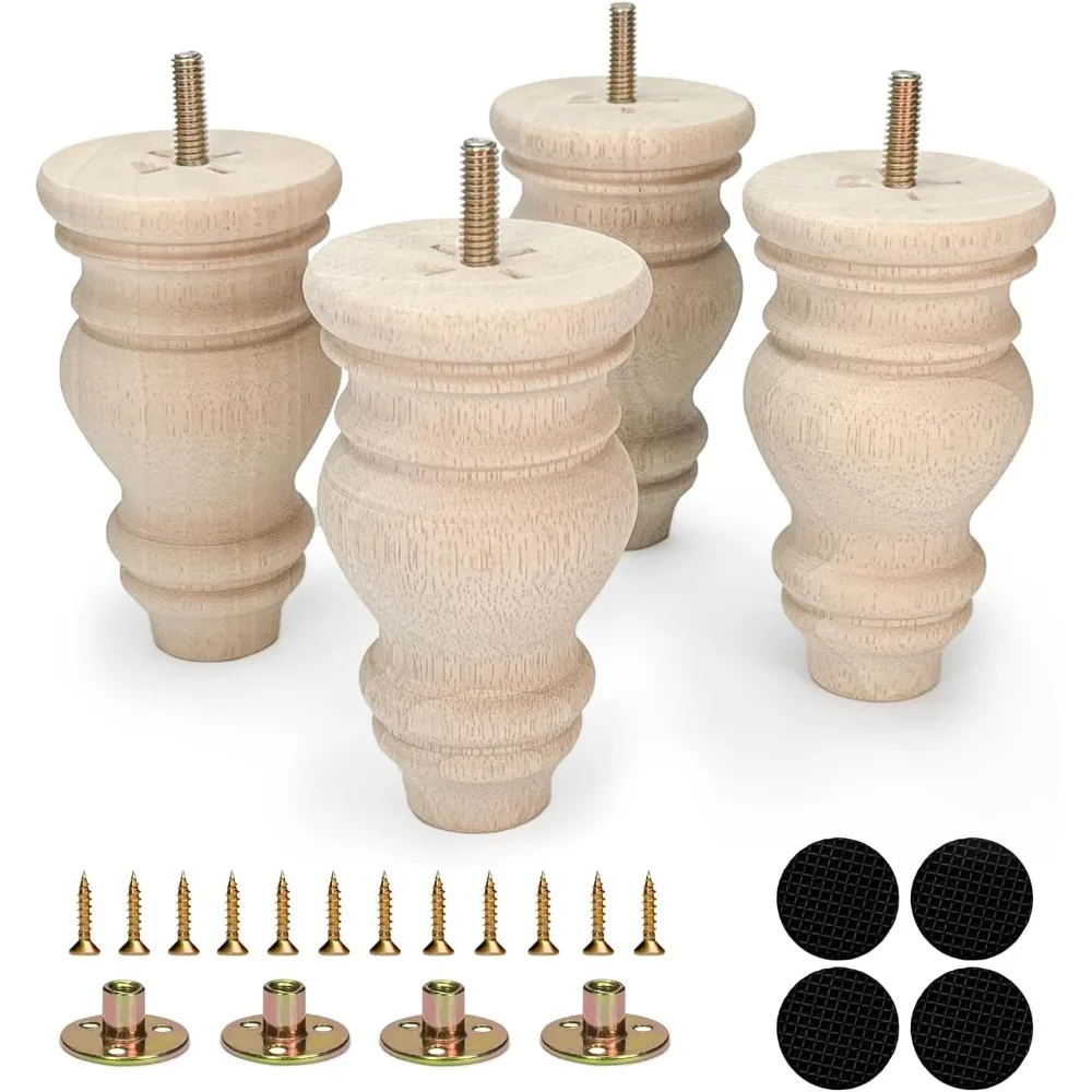 

5 Inch Wooden Furniture Legs, Set of 4 Replacement Solid Wood Unfinished Round Furniture Bun Feet for Couch Chair Sofa Dresser D