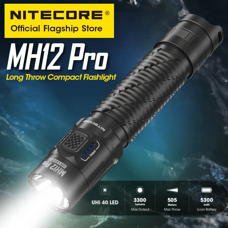 NITECORE MH12 Pro USB-C Rechargeable Compact Flashlight 505 Meters Tactical Torch UHi 40 LED Beam, 5300mAh 21700 Li-ion Battery