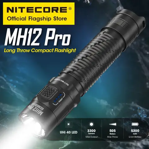 21700 Flashlight UHi 40 Beam NITECORE MH12 Pro USB-C Rechargeable Compact Flashlight 505 Meters Tactical Torch UHi 40 LED Beam, 5300mAh 21700 Li-ion Battery