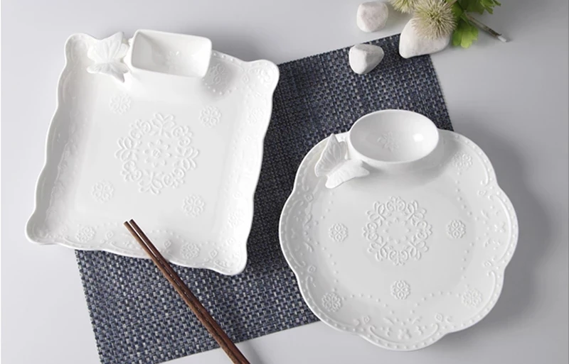 

10inch, White Embossed Porcelain Party Plates for Snack, Ceramic Plate Cake with Sauce, Serving Party, Potato Chip Tray