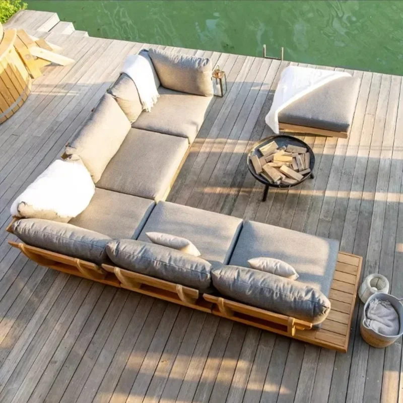 

Outdoor teak sofa courtyard villa designer exposed platform sofa combination bed outdoor garden solid wood furniture