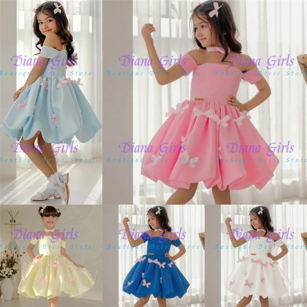 

Lovely Bow Flower Girl Dress Satin Fluffy Off Shoulder Knee Length Pleated Dresses Little Girls Birthday Party Evening Gowns