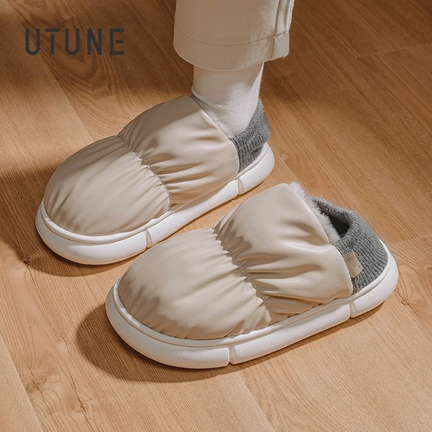 UTUNE Winter Warm Cotton Slippers for Women Men, Soft Non-slip Indoor House Shoes, Cozy Fleece Unisex Couple Home Slides