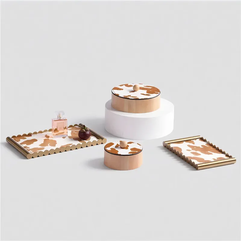 Modern Luxury Brown White Cow Pattern Round Storage Box Tray for Jewelry Dresser Organizer Soft Home Decoration Ornament