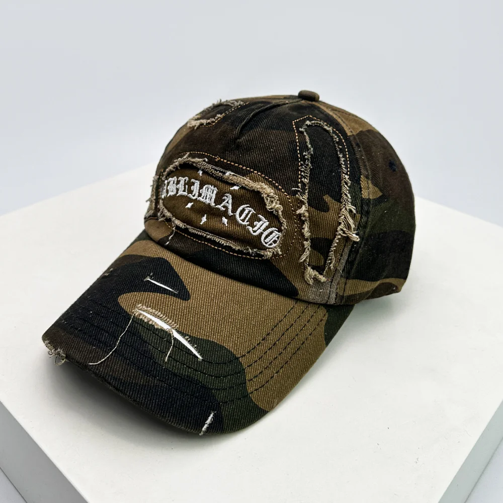 Vintage distressed leopard print frayed edge letter baseball cap - multiple colors available, suitable for outdoor activities