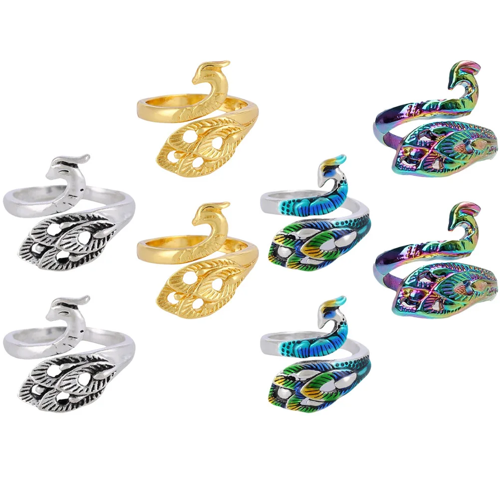 8pcs Vintage Peafowl Knitting Rings Adjustable Finger Loop Yarn Guide For Crochet Woolen Craft Sewing Tool Braided Ring