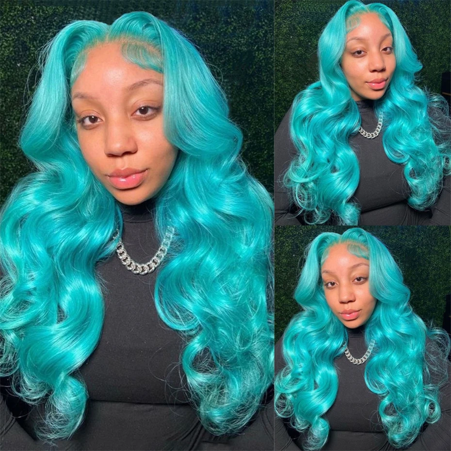 Teal Blue Human Hair Wig Colored Body Wave Lace Front Wig Pre Plucked 13x6 Hd Lace Frontal Wig Remy 220% Density Mint Green Wig image 2