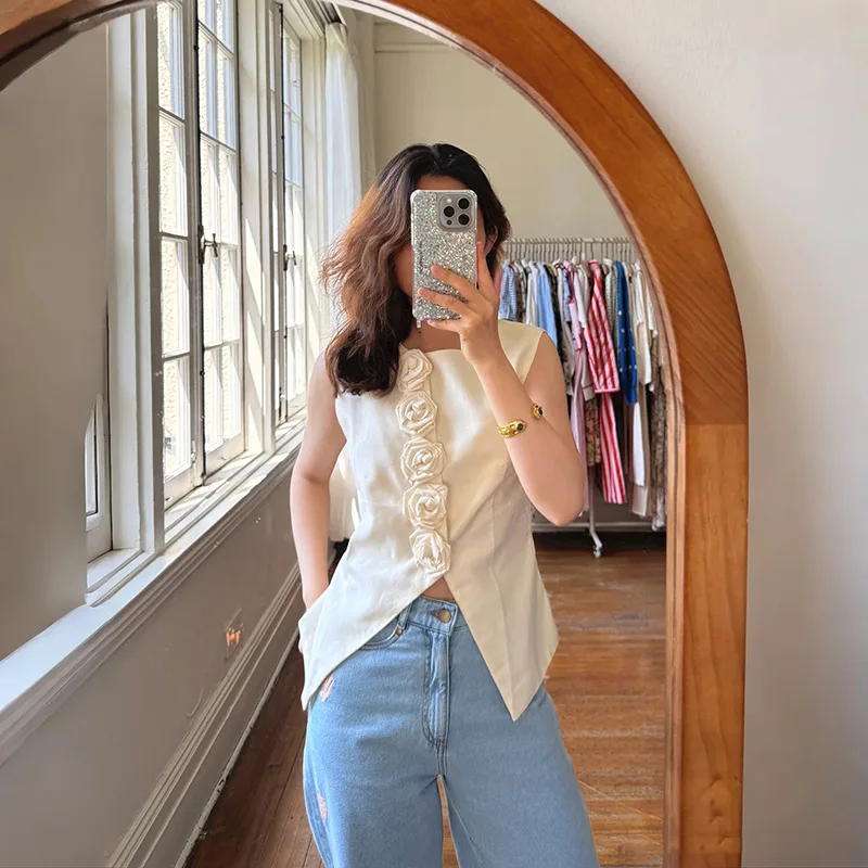 

Uruguayan Early Autumn 2025 Handmade Rose round Ne Svel Breathable Knot Slim Fit Top Cotton Linen Blend Vest