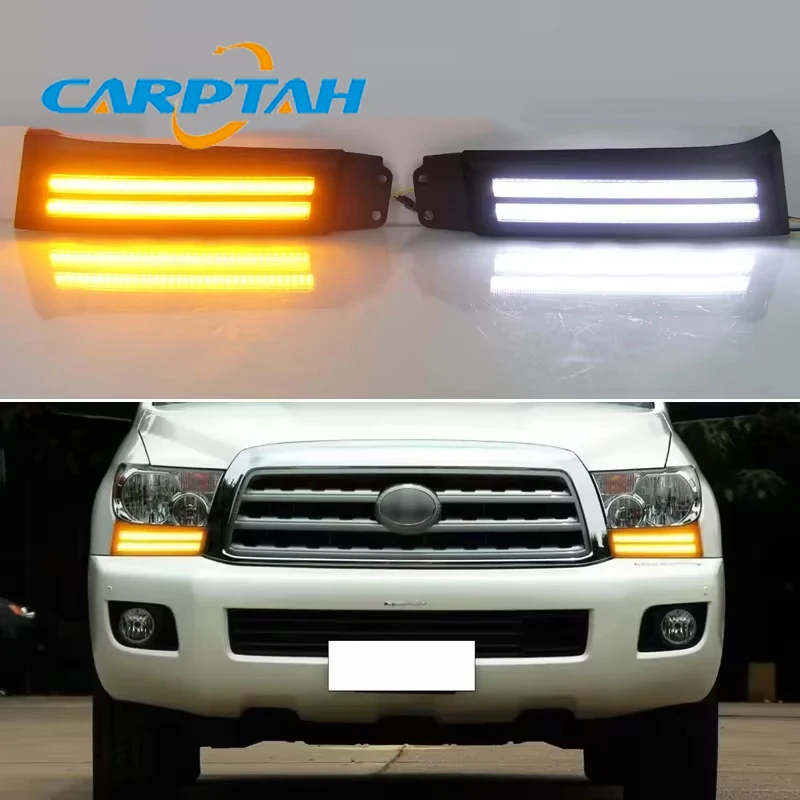 Car LED DRL 12V Daylights For Toyota Sequoia 2007 - 2016 2017 Yellow Turn Signal Daytime Running Headlamps Auto Driving Lamp