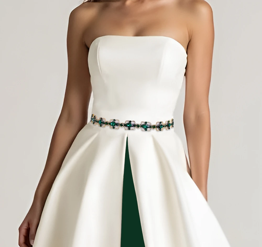 TOPQUEEN New Design Square Shape Green Rhinestone Bridal Belt Bridesmaid Waist Jewelry Wedding Important Event Dress Sash S218