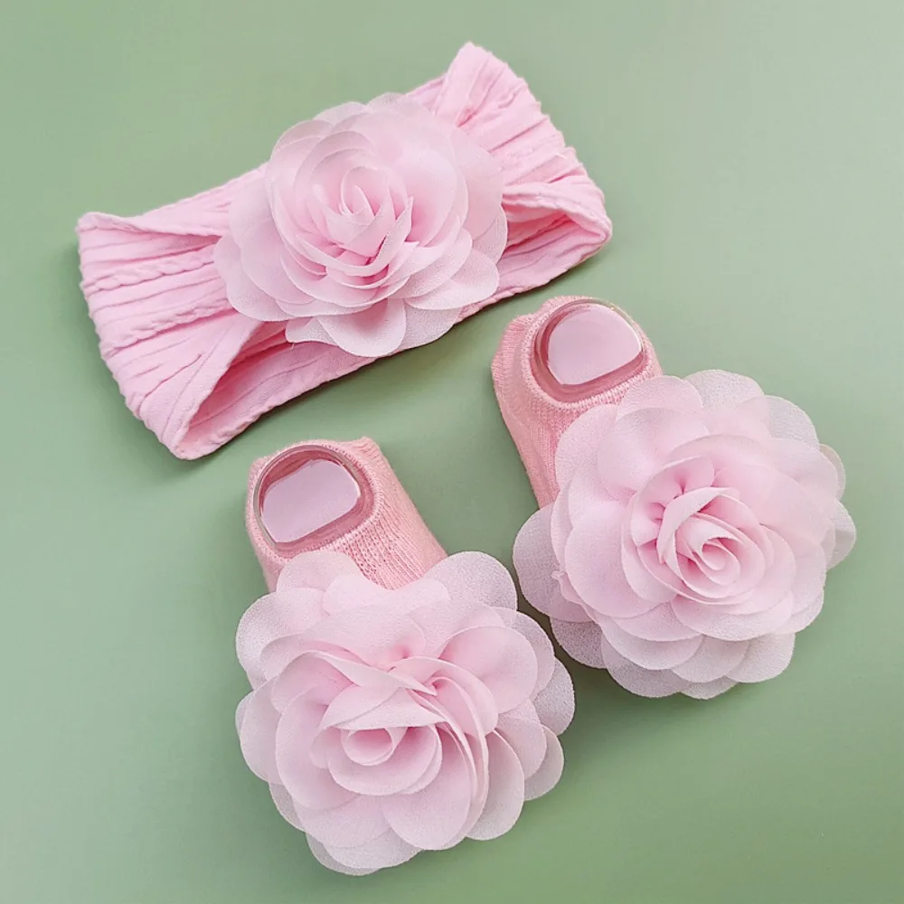 

3Pcs/Set Cute Lace Flower Headbands Socks Set Non Slip Cotton Baby Headband Elasitc Hair Bands Baby