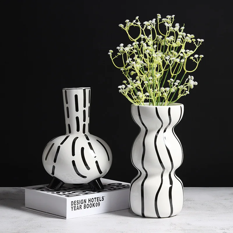 

Modern Northern Europe Minimalist Black-and-white Striped Ceramic Vase Flower Arrangement Household Model Room Soft Decoration