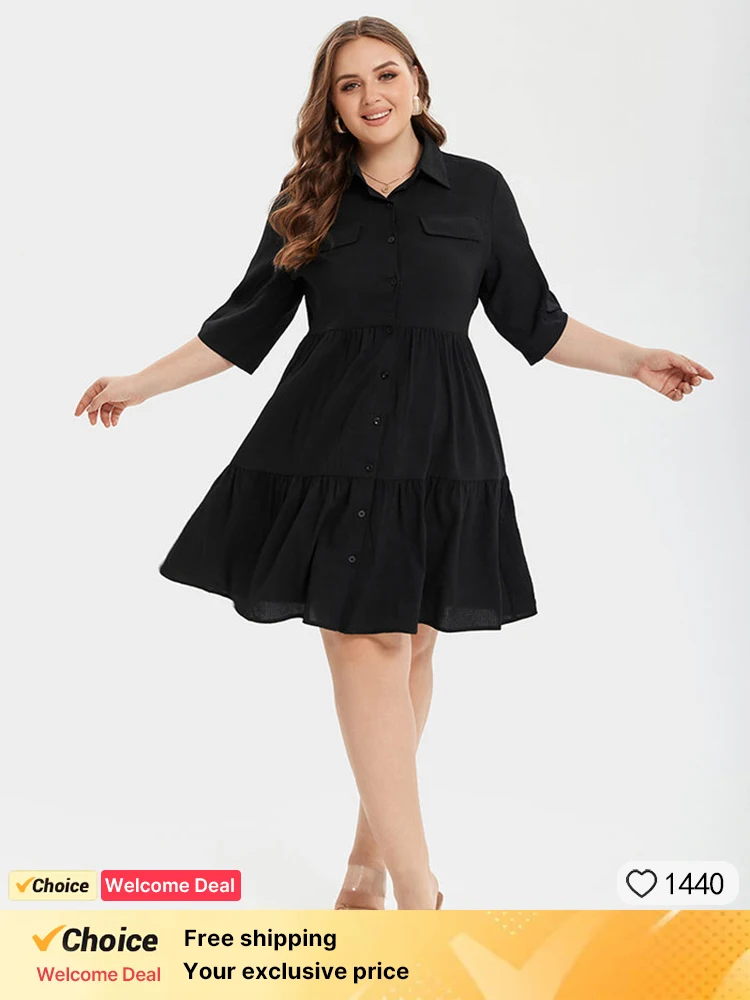 

Plus Sized Clothing Women Fashion Shirt Dress Women Elegant Vintage Dresses Button Front Ruffle Hem Casual Short Dress