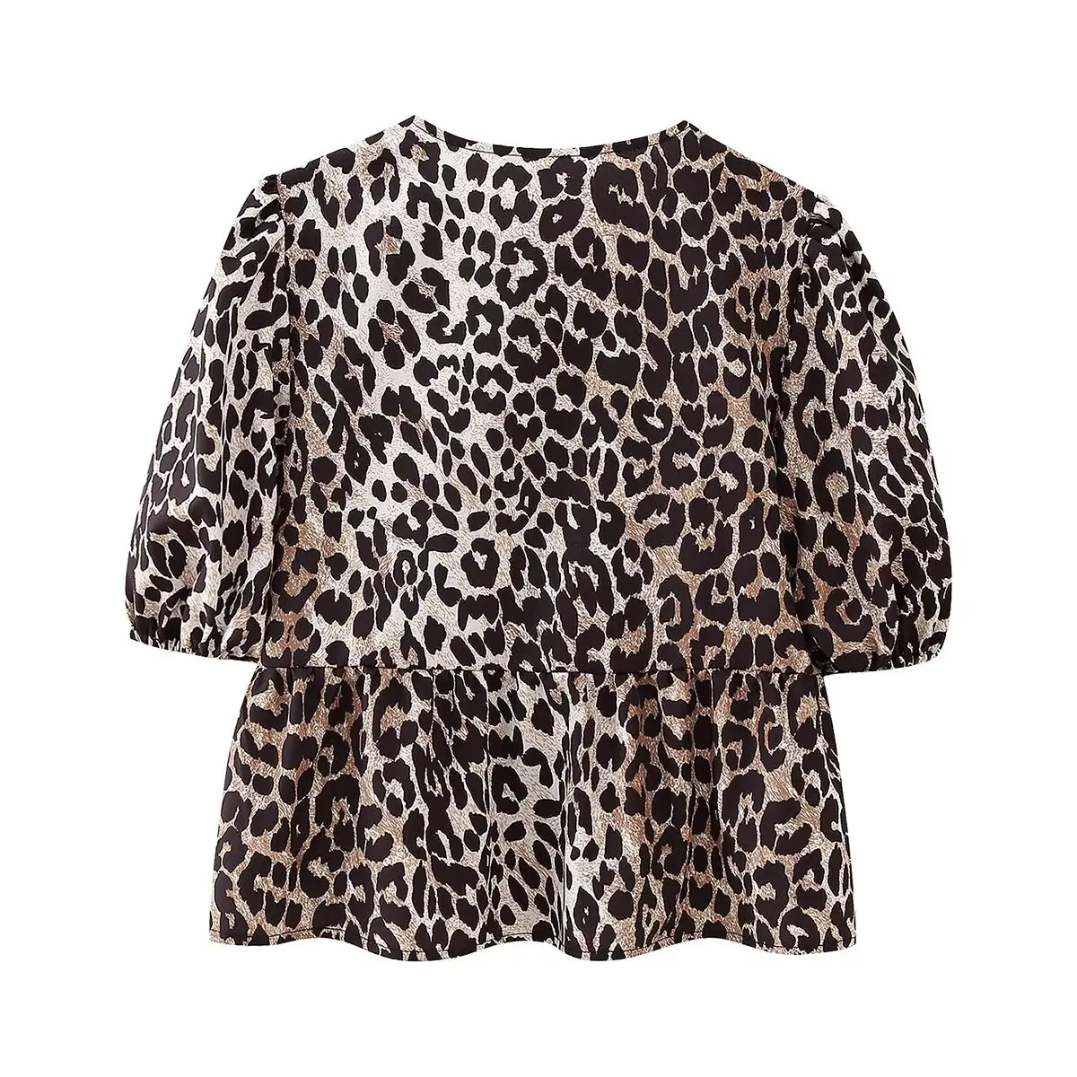 Leopard Blouse Shirt With Lace-up Strap Short Puff Sleeve Summer Crop Top Women\'s Clothing