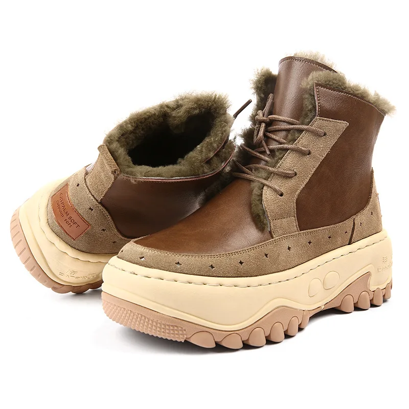 New Genuine Leather Ankle Boots Women Thick Plush Fur Snow Boots Casual Heightening Warm Cotton Shoes Winter Brown