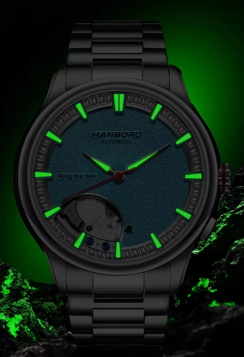 HANBORO メンズ自動腕時計アラーム機械式腕時計 5ATM 防水サファイア発光スケルトンダイヤル