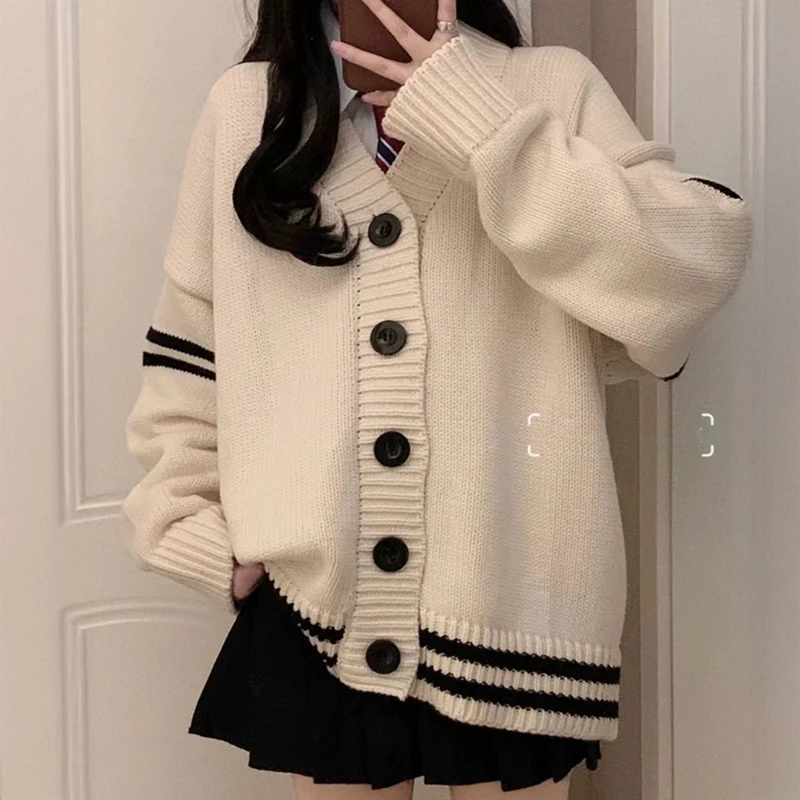 Women Varsity Cardigan with Contrast Trim V-neck Oversized Button Up Knit Sweater Jacket Teen-girl Preppy Style Jersey
