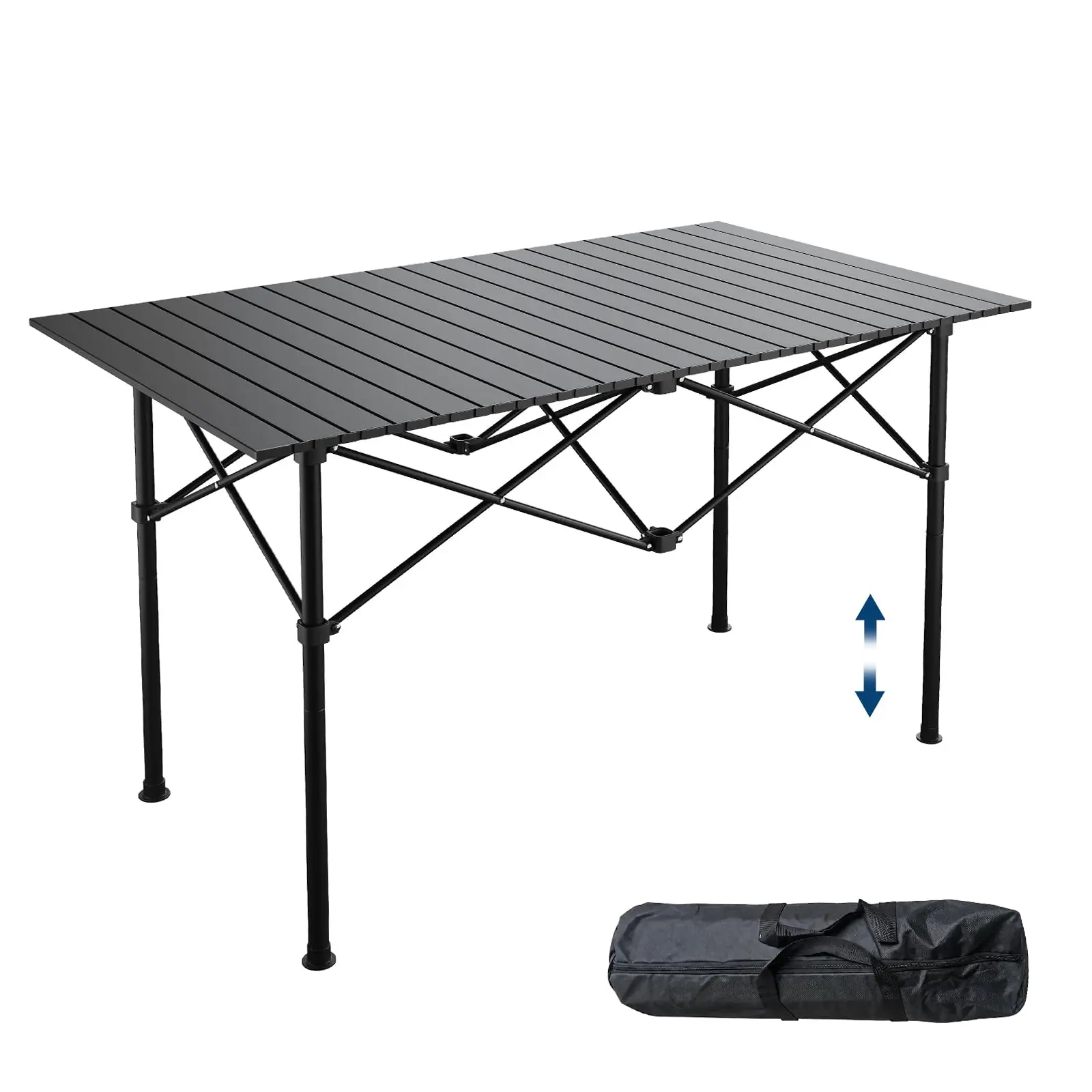 Adjustable Height Folding Camping Table, Portable Aluminum Roll-Up Top Outdoor Camping Table with Carry Bag, Heavy Duty Foldable Table for Picnic, Beach, Backyard, Travel