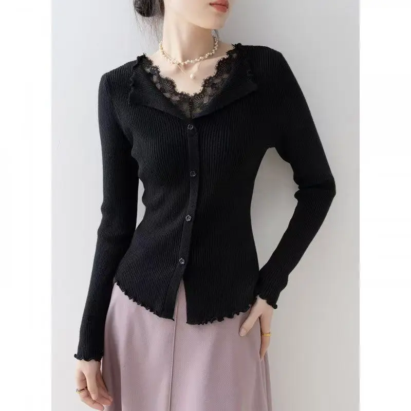 Splicing Lace V-Neck Pullover Women Autumn Winter Elegant Fungus Side Knitwear Sweater Base Layer for Coat Comfortable Jumpers