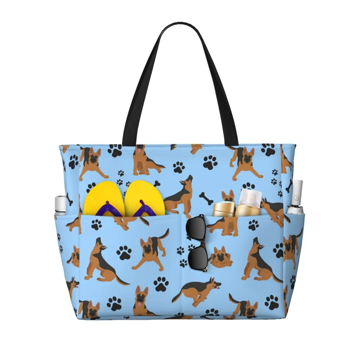 German Shepherd Pattern In Blue Beach Tote Bag Sport Gym Yoga Duffle Large Tote Bag Women Travel Bag Fitness bag