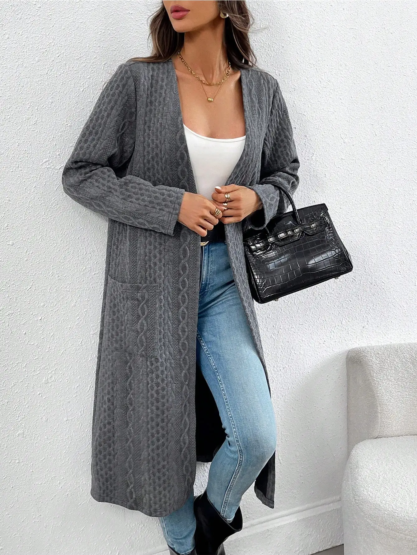 Women's Fashionable & Casual Retro-Style Jacquard Long Cardigan with Pockets view 4