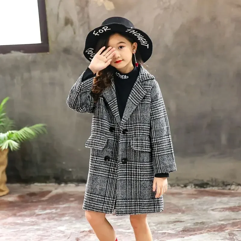 2023 Girls Coat Fashion Plaid Wool Coat Girls Double-breasted Kids Outerwear Autumn Thick Winter Clothes Girls 6 8 10 12 14Yrs