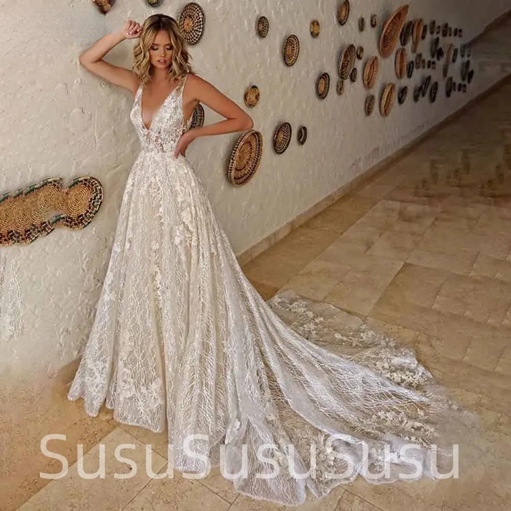 2023 Vestido De Novia Charming Appliques Lace Wedding Dress Elegant Deep V Neck Wedding Gown Beach Bridal Dress Sexy Bridal Gown