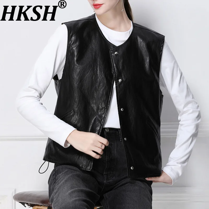

HKSH Spring Autumn New Women Waistcoat PU Leather Single Breasted Reversible Leopard Printed Chic Tide Sleeveless Jacket HK13456