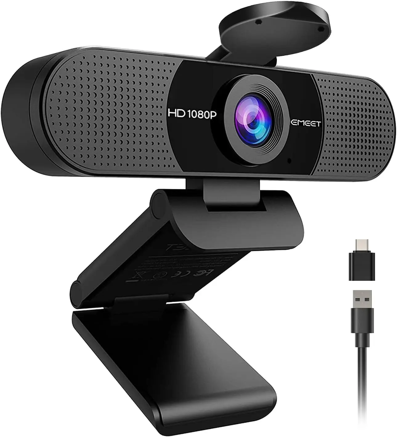 1080P HD Webcam with Dual Mics, 90 Wide Angle, USB-A/C Adapter for Zoom/Teams/Facetime Calls