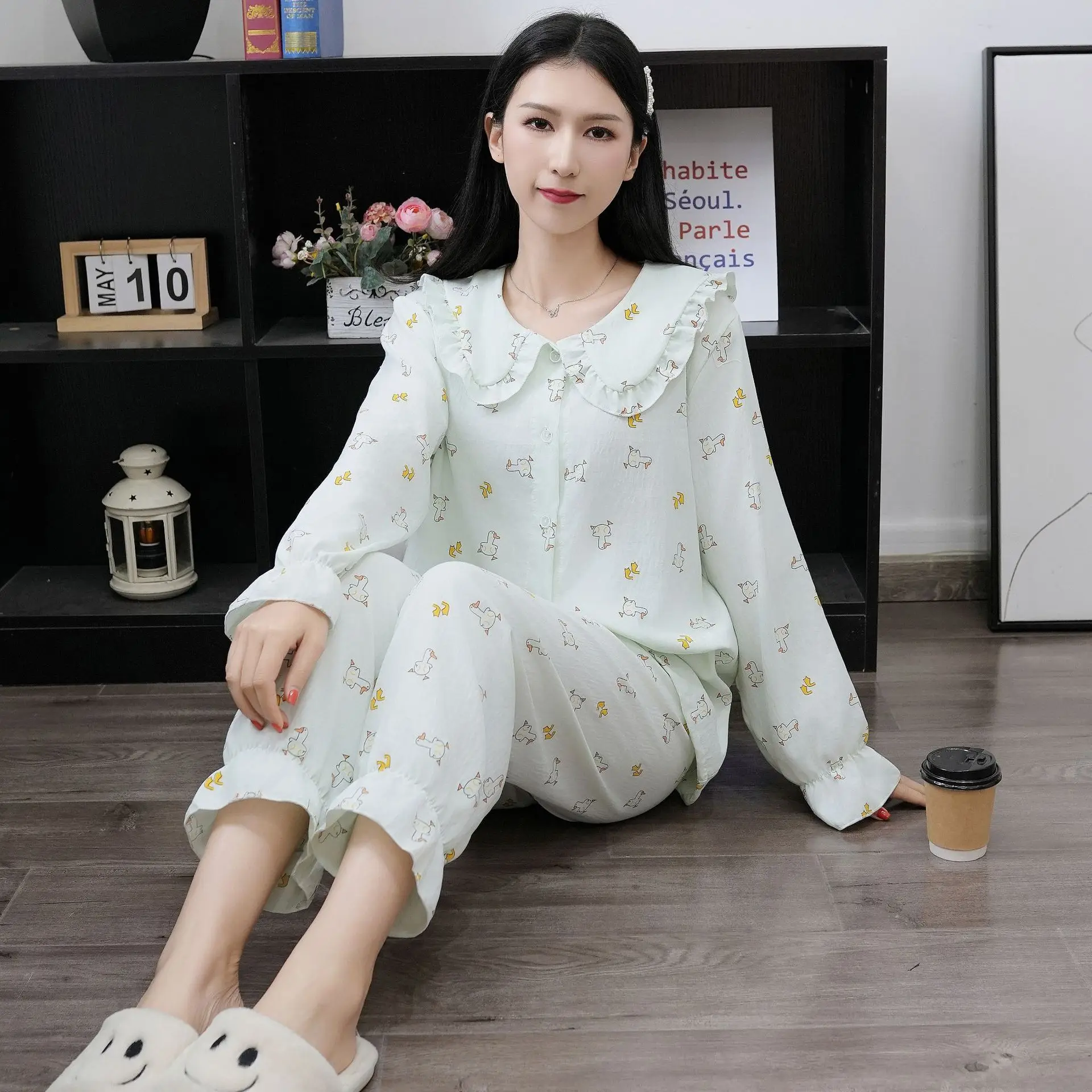 Cloud Cotton Pajamas For Women's Summer New Sweet And Cute Ruffled Edge Home Wear Thin Long Sleeved Pants Cardigan Set Female