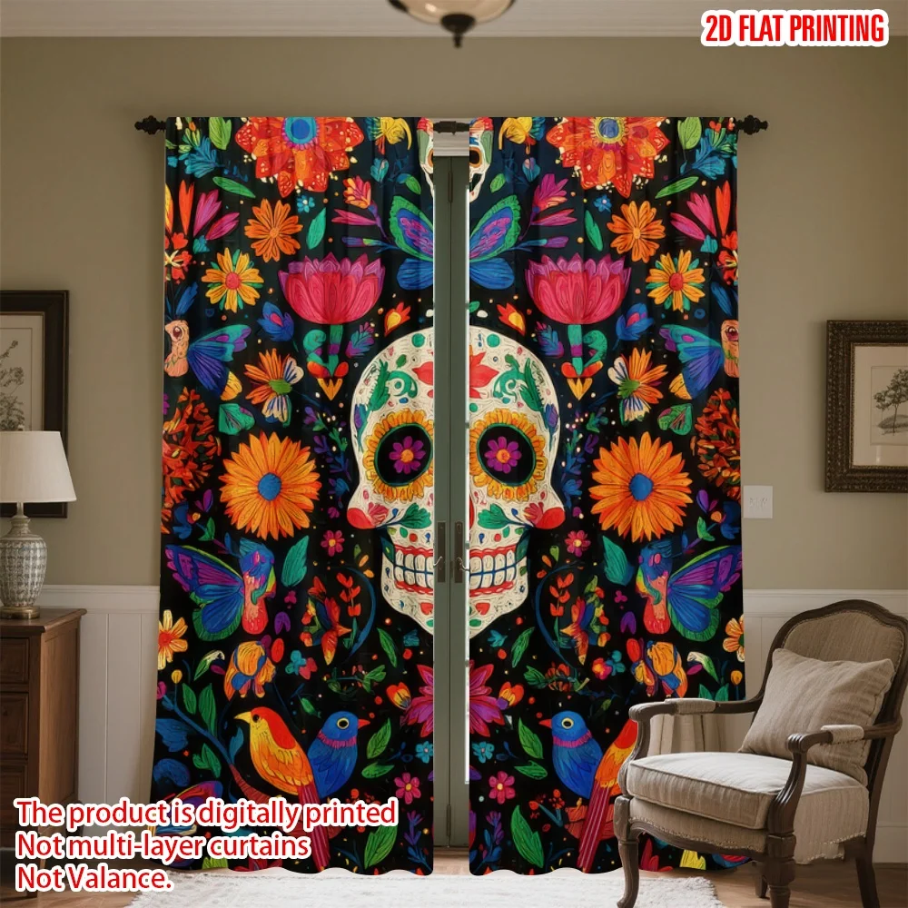 

2D flat printing 2pcs Party Curtains Day of the Dead Celebration(3) Digital Printed Polyester Drapes Festive Curtains Perfect