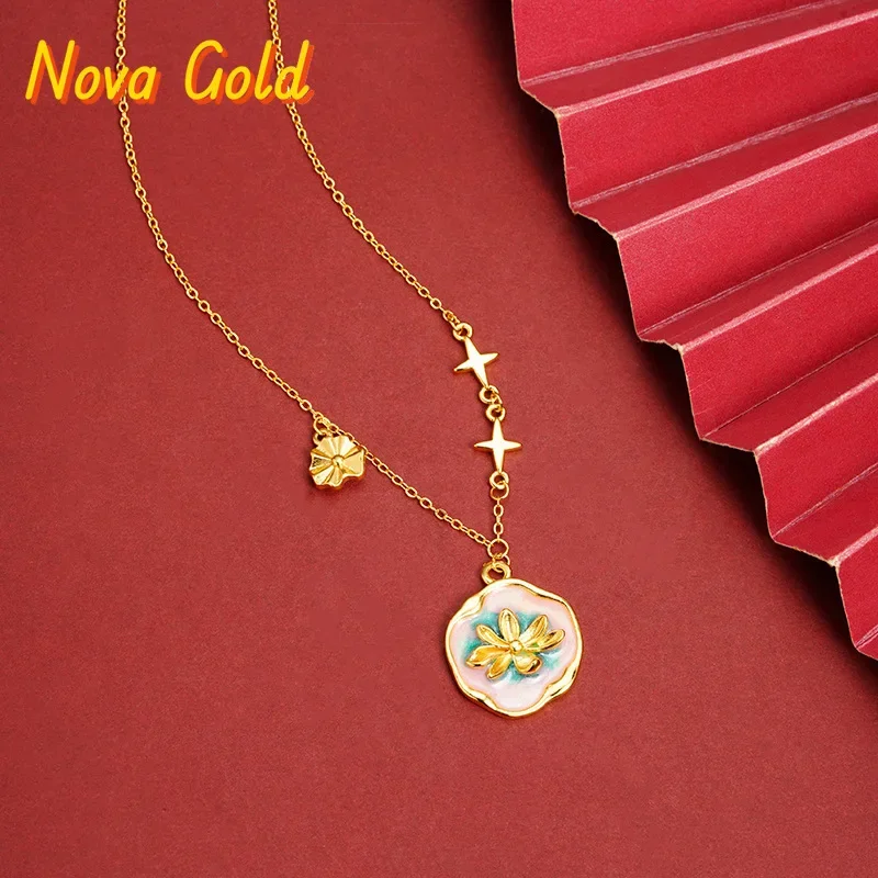 

NovaGlod New 9999 24K real gold necklace, national dripping oil water lily collarbone chain, female Chinese style retro jewelry