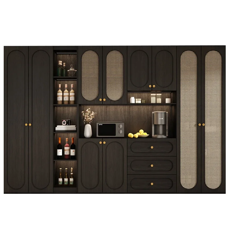 

Новый средневековый винный шкаф, обеденный боковой шкаф, встроенный шкаф-витрина из массива дерева из ротанга, черный орех, вертикальная гостиная