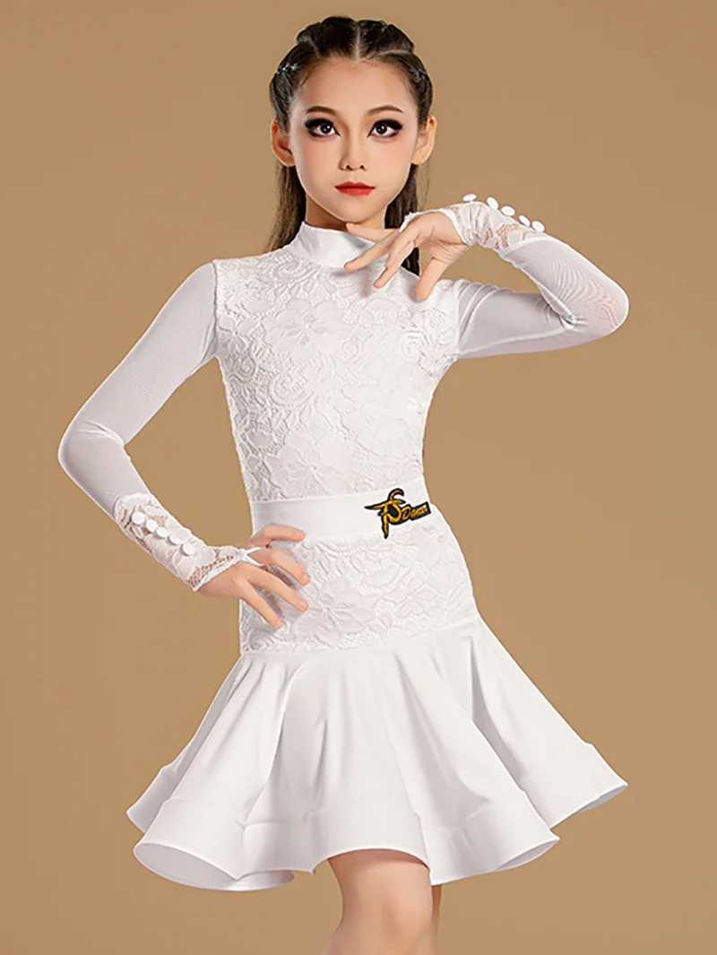 Body de malla de manga larga para niñas y faldas de espina de pescado, vestido de práctica de competición latino moderno profesional de tres piezas