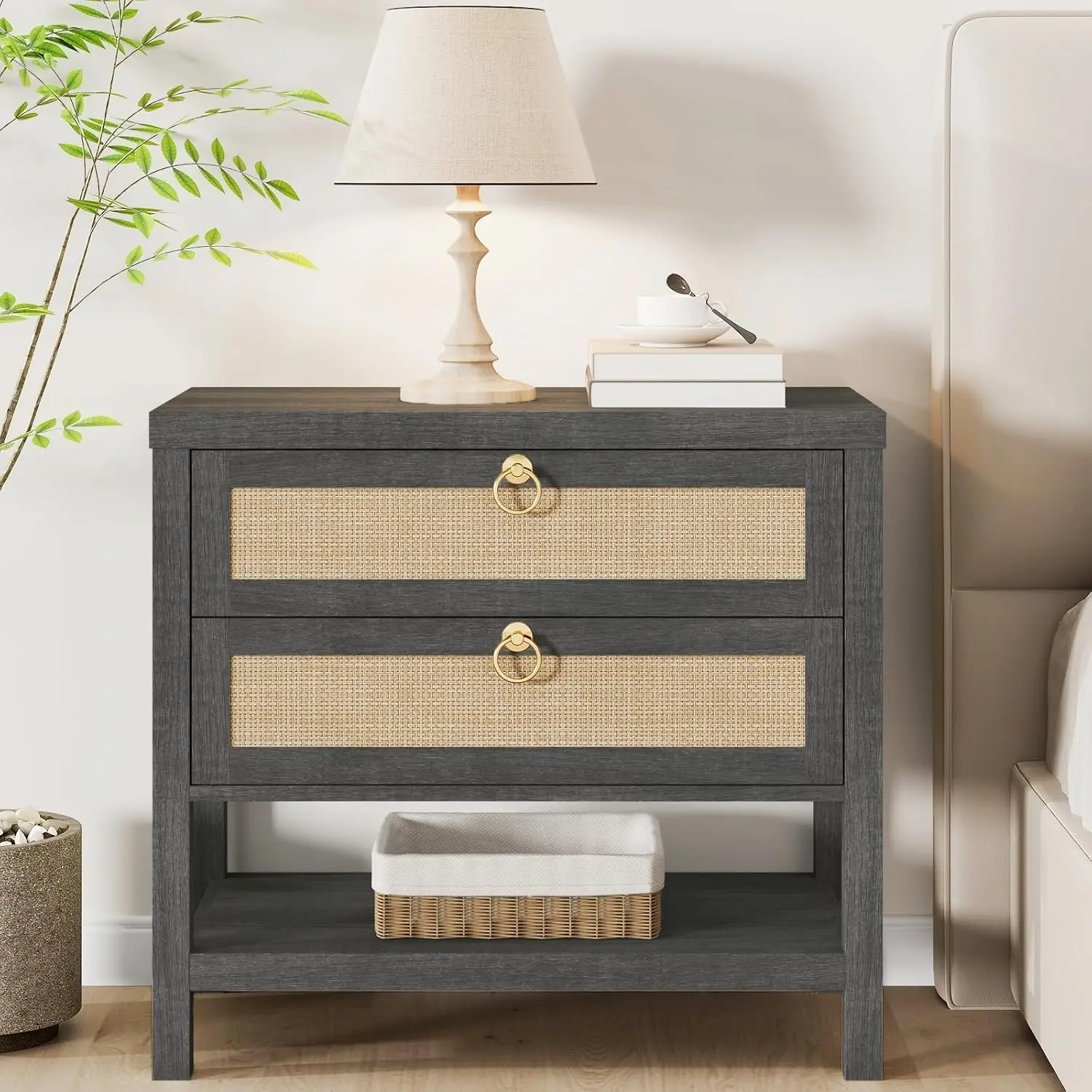 Large Rattan Night Stand with 2 Drawers & Storage Shelf, Boho Bedside End Side Table for Bedroom, Black Oak, 1 Piece, Customized
