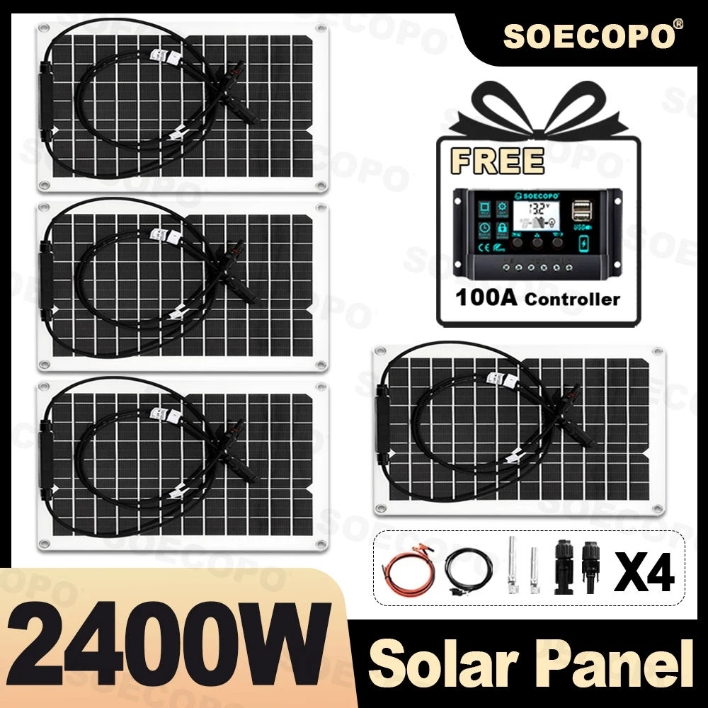 

SOECOPO 2400W Camping Solar Panel Kit - 4*600W Solar Panels, Free 100A Controller USB 5V for Camping Equipment Photovoltaic Home