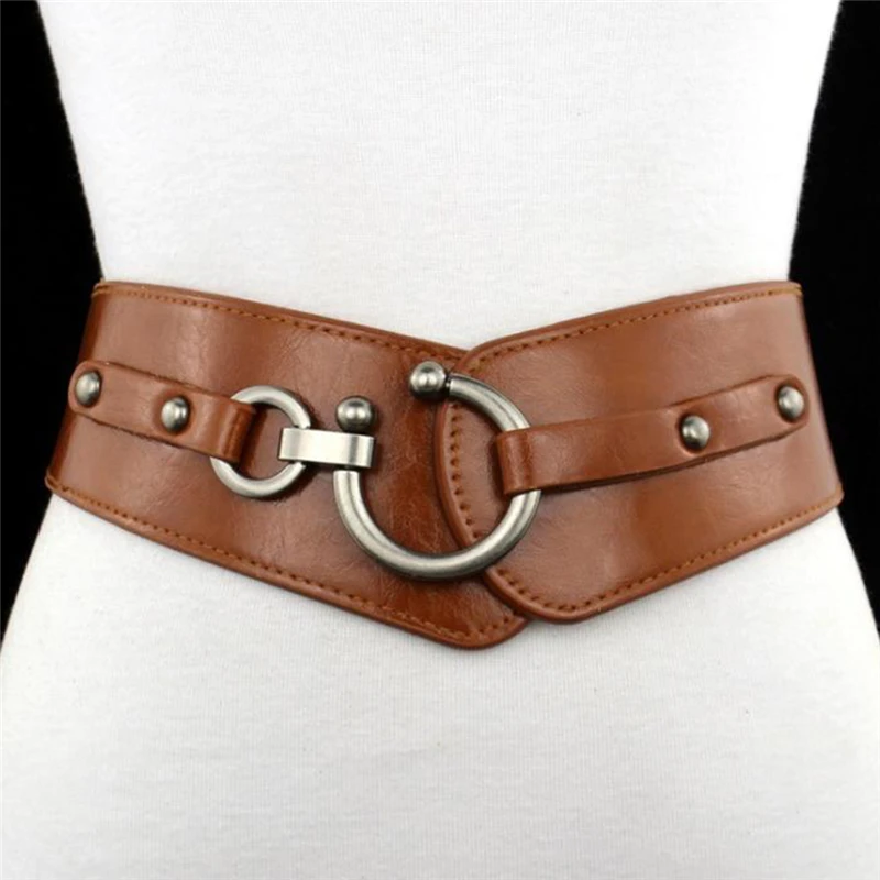 Fashion Elastic Wide Belt Strap Vintage Women Faux Leather Buckle Elastic Wide Belt Strap Solid Color Waistband