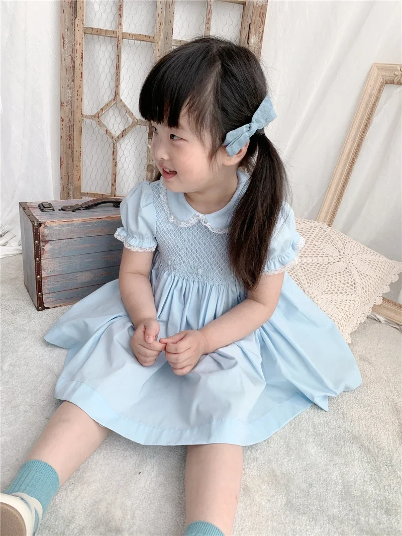 Girls Smocking Dress Baby Handmade Smock Clothes for Girl Children Peter Pan Collar Lace Frocks Infant Boutique Vestidos