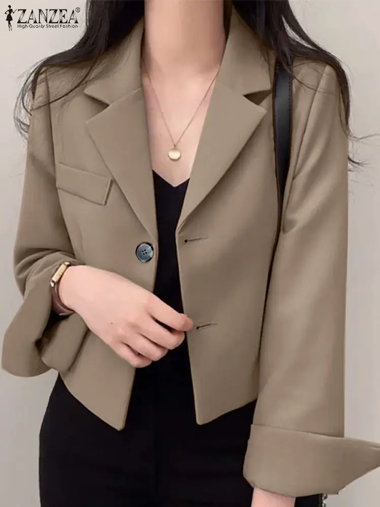 ZANZEA Elegant Cropped Blazer For Women Autumn  Casual Solid Thin Outwear Long Sleeve Suits Coats Lady Office Work Blouse Tops