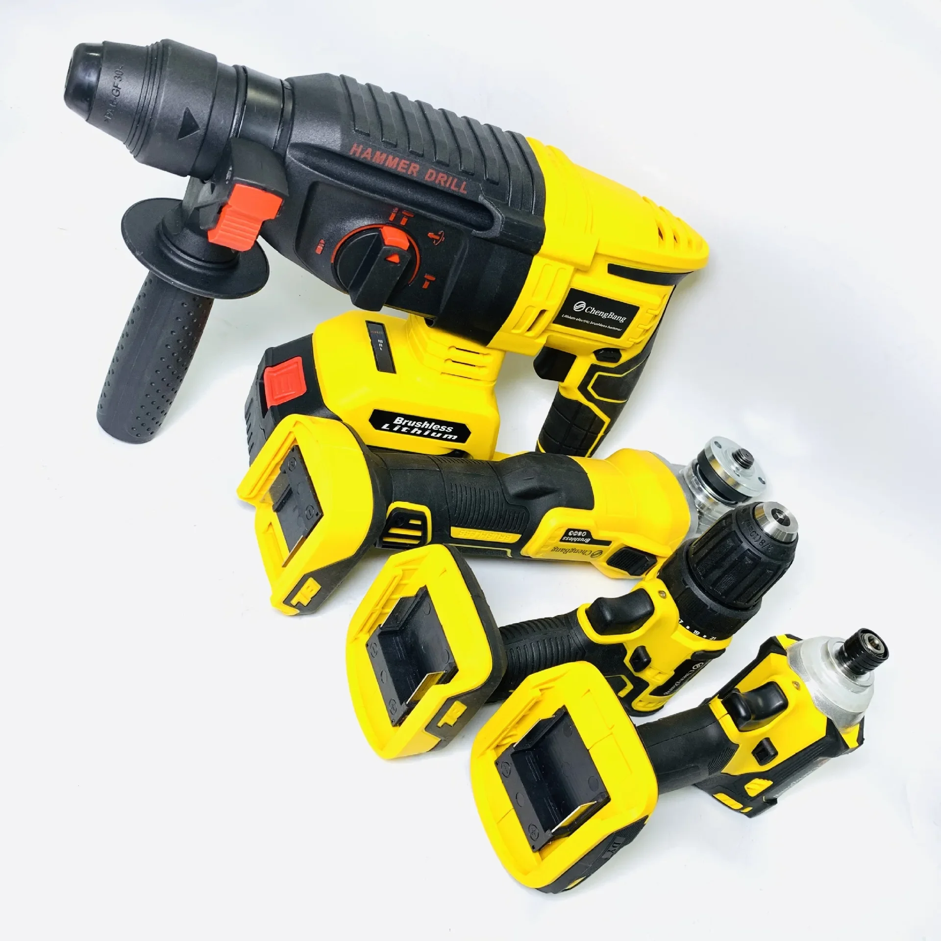 Set of 4pcs Combination Power Tools Brushless Angle Grinder Electric Hammer Lithium Screwdriver Cordless Drill Kit Yellow MT125B