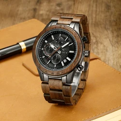 Vicvs Hot Sale Men's Walnut Watch Calendar Chronograph Quartz Watch Fashion Vintage Romantic Business Christmas Day Gift Watch