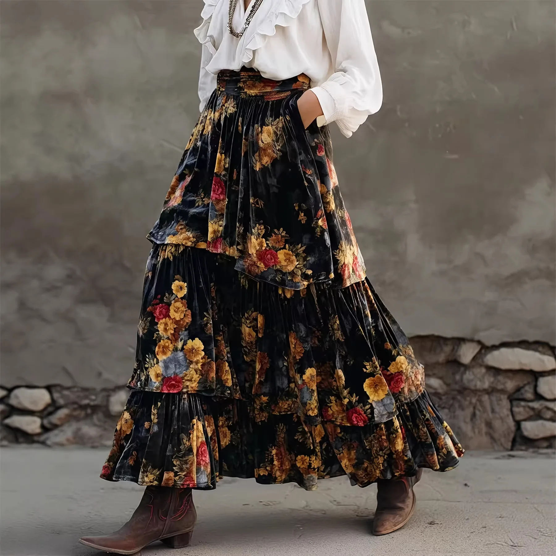 

2026 Flower Print Skirt Woman High Waist Elegant Long Skirts For Women Girls Fashion Spring Midi Skirt Cake Women's Skirts