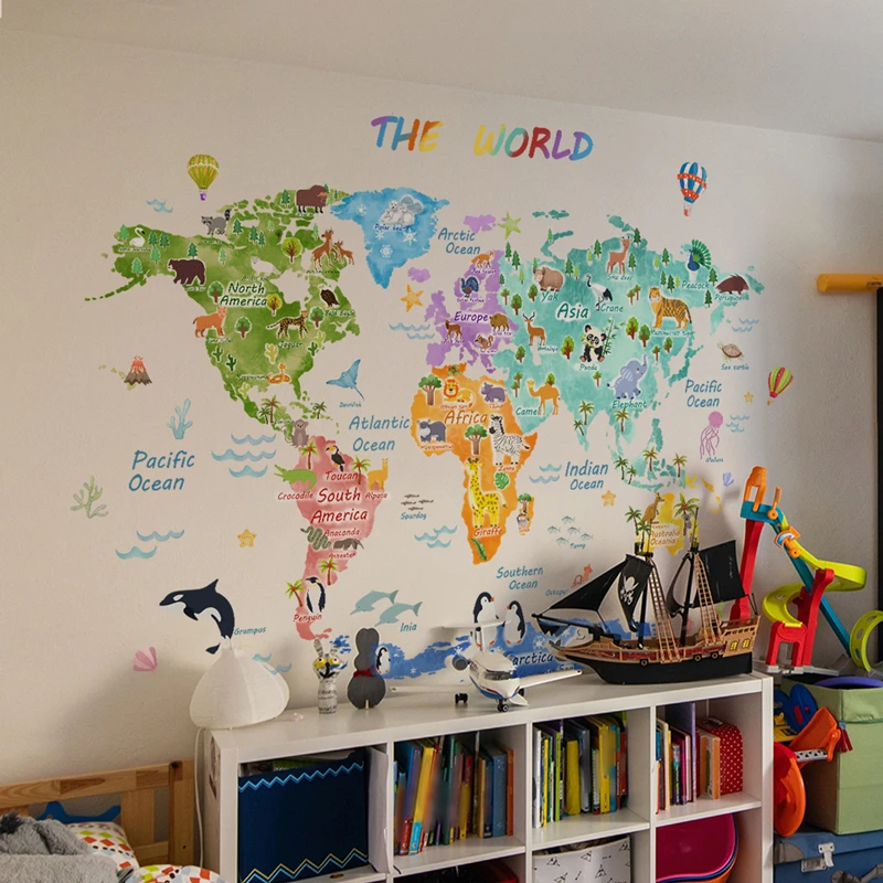 Juego de Rompecabezas para Niños, Adhesivos de Mapa Más Grandes para Decorar, Adhesivos de Vinilo Removibles con Mapa del Mundo y Hábitats de Animales para Decoración de Habitaciones Infantiles