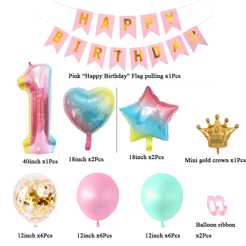 29Pcs/Set Birthday Party Balloon Kit 40 inch Pink Gradient Digital Aluminum Film Balloons Happy Birthday Flag Baby Shower Decors