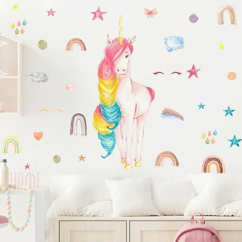 Hand Drawn Colorful Unicorn Wall Stickers For Bedroom Home Kids Room Decal