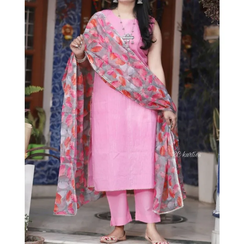 Pink Color Printed Kurti Pant with Dupatta Set Women Salwar Kameez Suit Kurta's