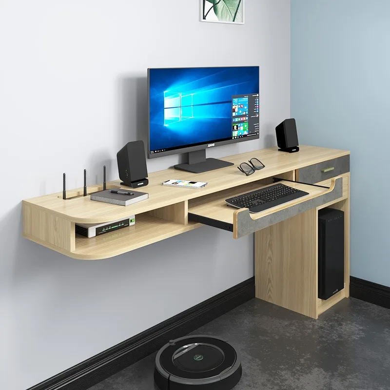 

Bedroom wall-mounted desktop computer desk, simple corner desk, bookshelf combination, log-colored solid wood bookcase