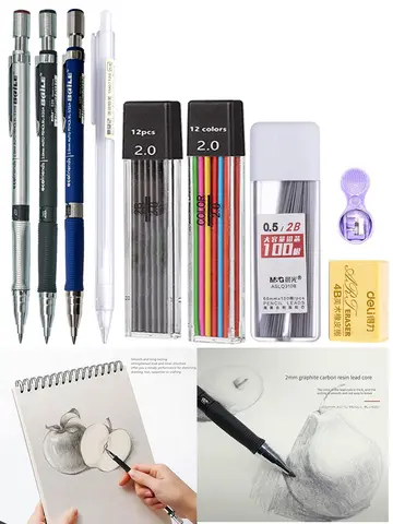 Mechanical Pencil Set 2.0 mm with 2B Black/Colors Lead Refill For Writing Sketching Art Drawing Painting School Automatic Pencil