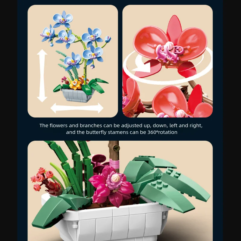 Butterfly, orchid, potted plant, building block bouquet, eternal flower, living room decoration, assembly of building block toys