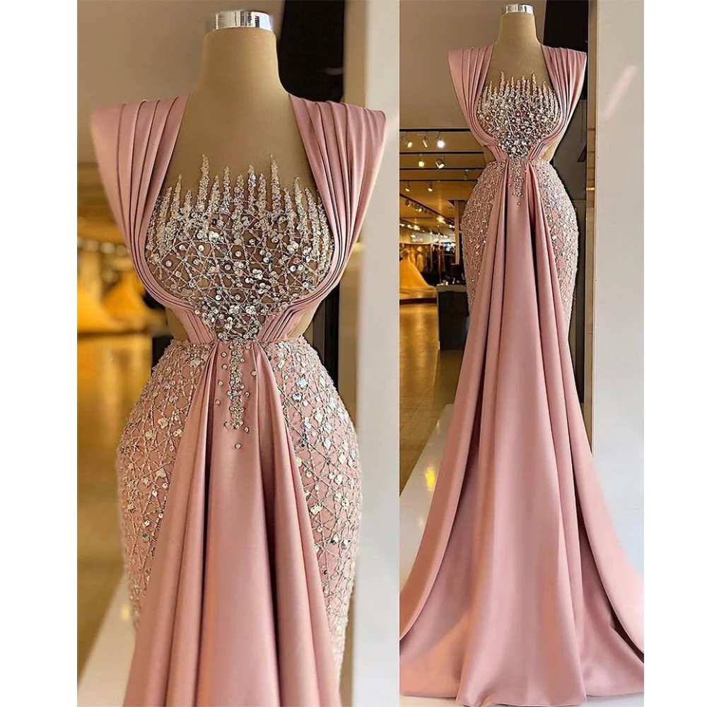 Exquisite Pink Evening Dress Elegant Pleat Criss-Cross Sequined Floor Length Mermaid Gowns Fashion Formal Party Prom Dress